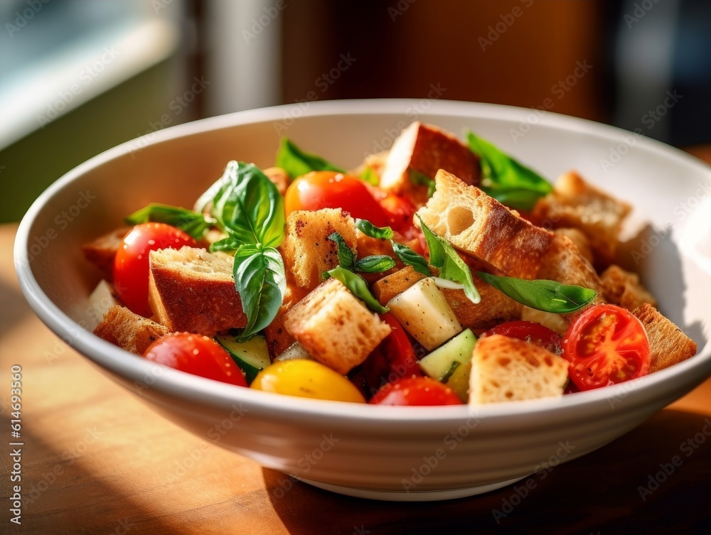 Panzanella with fresh tomatoes, basil, and crusty bread cubes in a shallow white bowl Panzanella with fresh tomatoes, basil, and crusty bread cubes in a shallow white bowl