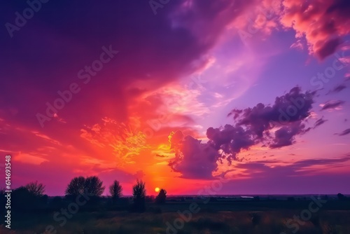 Yellow orange pink purple sunset. Beautiful evening sky wallpaper. Generative AI.