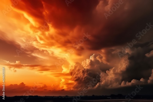 Yellow orange red sunset. Dramatic sky with storm clouds. Generative AI.
