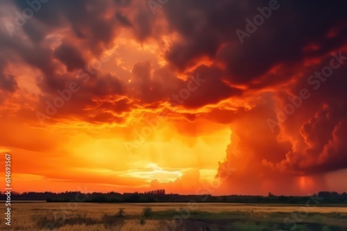 Yellow orange red sunset. Dramatic sky with storm clouds. Generative AI.