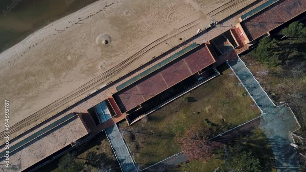 Aerial top down view of Wannsee Strandbad beach during spring in Berlin Germany Aerial top down view of Wannsee Strandbad beach during spring in Berlin Germany