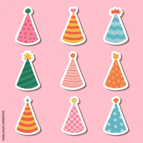 Set of stickers with hand drawn birthday doodle for planners, notebooks. Ready for print list of cute stickers with party cone and Christmas cap. Simple birthday party hat in bright color