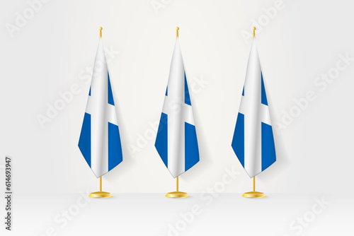 Three Scotland flags in a row on a golden stand, illustration of press conference and other meetings.