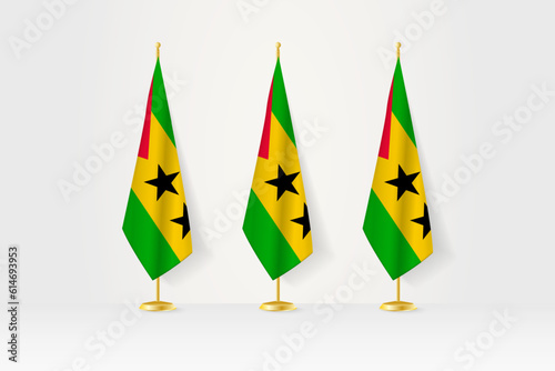 Three Sao Tome and Principe flags in a row on a golden stand, illustration of press conference and other meetings.
