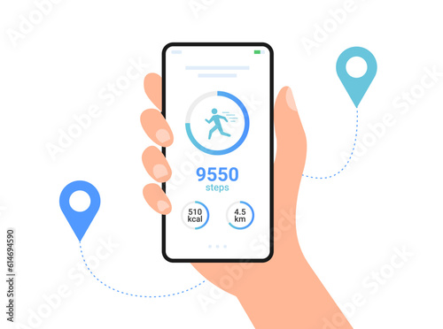 Step counter fitness tracker app design. Walk flat health fit activity vector smart phone watch step counter.