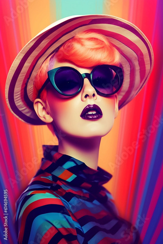 fashion art of a woman with fancy orange hair and hat in sunglasses with purple lipstick in the style of retro pop art inspirations with stripes and shapes, digitally enhanced