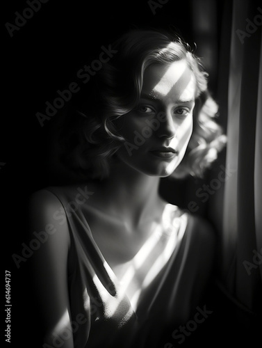 High contrast black and white portrait of a beautiful woman from the 1920s  diffused light streaming in through a window  a poignant moment in her life  mysterious mood  aethetics style