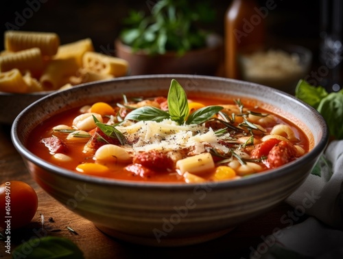 Pasta e Fagioli served in a rustic bowl, surrounded by fresh ingredients like tomatoes and basil
