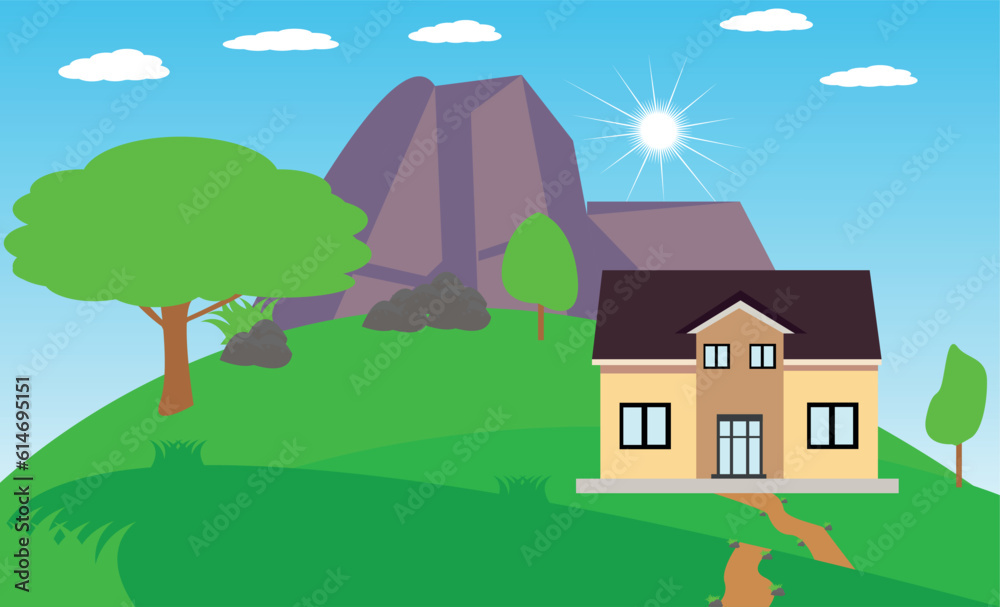 Vector landscape background with mountain village houses.