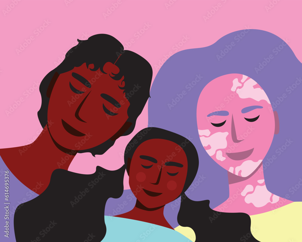 Multicultural diverse family with parent and children in the family as a care concept, flat vector stock illustration Multicultural diverse family with parent and children in the family as a care concept, flat vector stock illustration