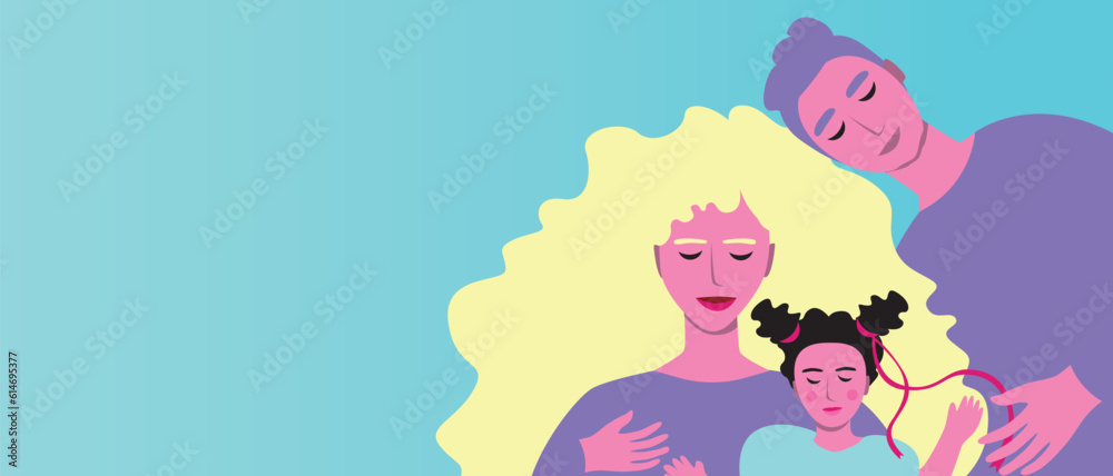 Adoptive parents with adopted child as template or backdrop with space for text as family concept, flat vector stock illustration