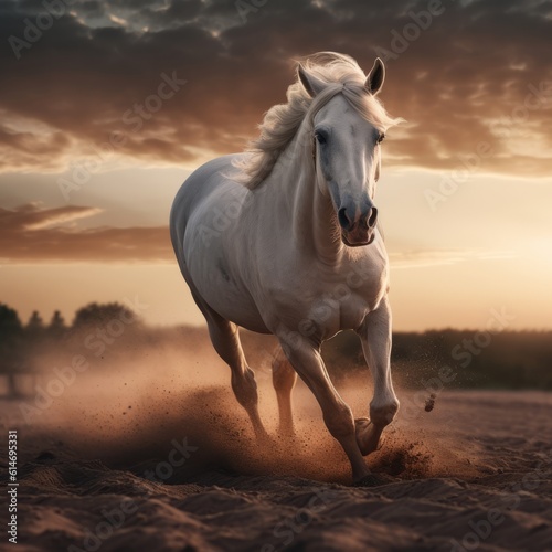 White Horse running in a field. AI Generative