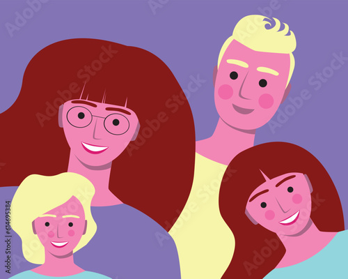 Inclusive family with a man, a woman and children as a concept of disability in the family, a blind disabled person with glasses, flat vector stock illustration