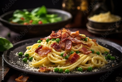 Carbonara with fresh ingredients and garnishes on a plate