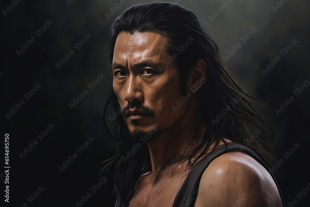 portrait of a black long hair mustache Asian man, looking serious wearing black tank top portrait of a black long hair mustache Asian man, looking serious wearing black tank top