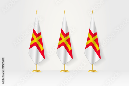 Three Guernsey flags in a row on a golden stand, illustration of press conference and other meetings.