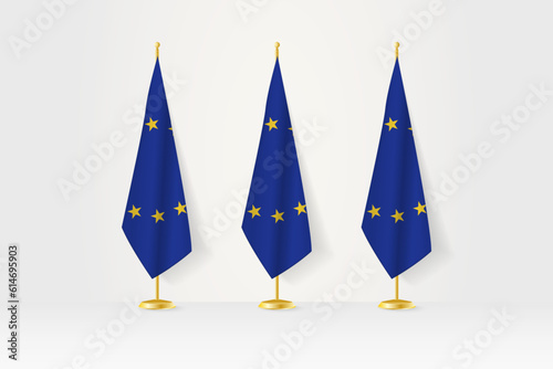 Three European Union flags in a row on a golden stand, illustration of press conference and other meetings.