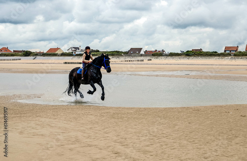 Young horsewoman galloping on the beach in northern France 