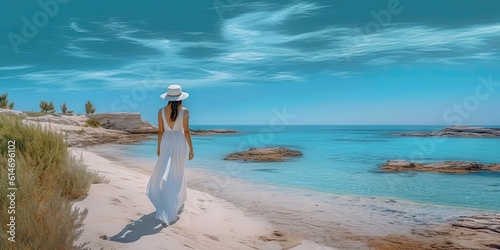 Luxury lifestyle. Relaxing beach holiday with beautiful summer travel with young woman in white dress and hat enjoying the sea view