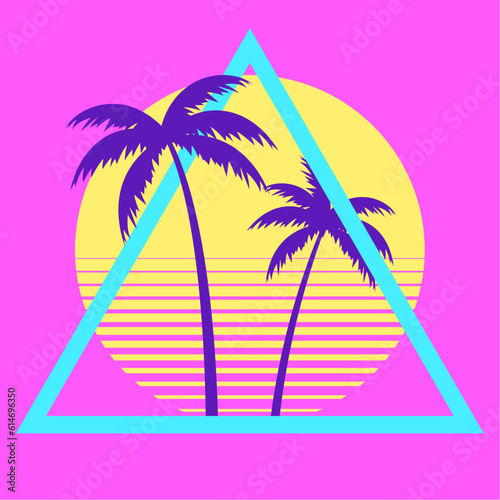 Sunset beach california retro icon. 90s Palm retro california circle gradient silhouette vintage 80s disco print hawai vacation.