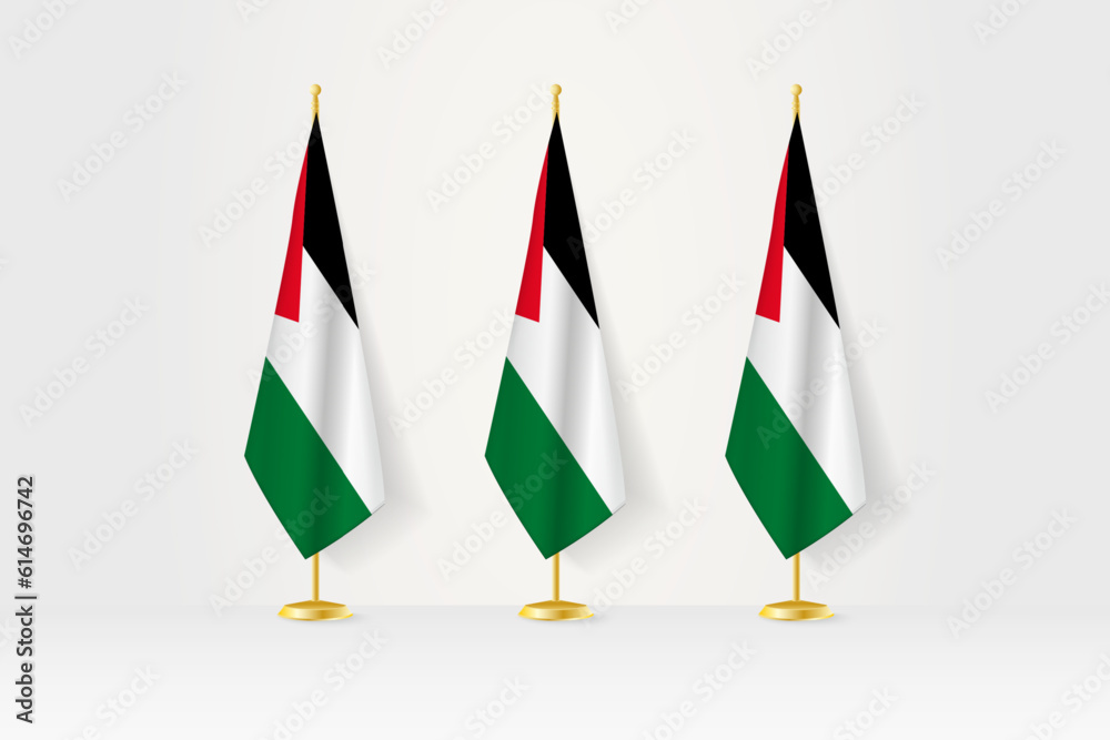 Three Palestine flags in a row on a golden stand, illustration of press conference and other meetings. Three Palestine flags in a row on a golden stand, illustration of press conference and other meetings.