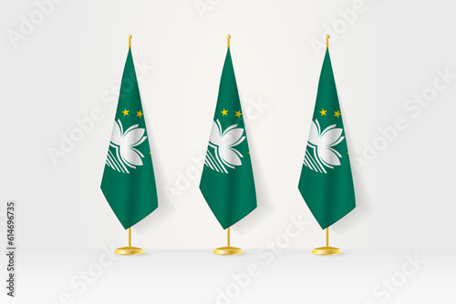 Three Macau flags in a row on a golden stand, illustration of press conference and other meetings.