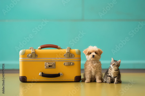 Fototapeta A cat and a dog sit near luggage in the airport room
