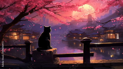 Cute black cat sitting in garden alone under cherry blossoms trees watching japanese scenery at night, Fuji mount in the background with night lights from moon and old houses with water reflection