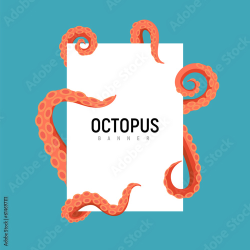 Octopus tentacle banner design. Kraken squid cartoon octopus giant isolated monster ocean tentacle.