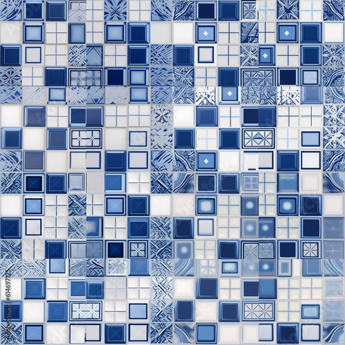large mosaic of blue bathroom ceramic, glass tiles in different patterns, in the style of maranao art,  bauhaus functional design, realistic texture, translucent medium, porcelain background  photo