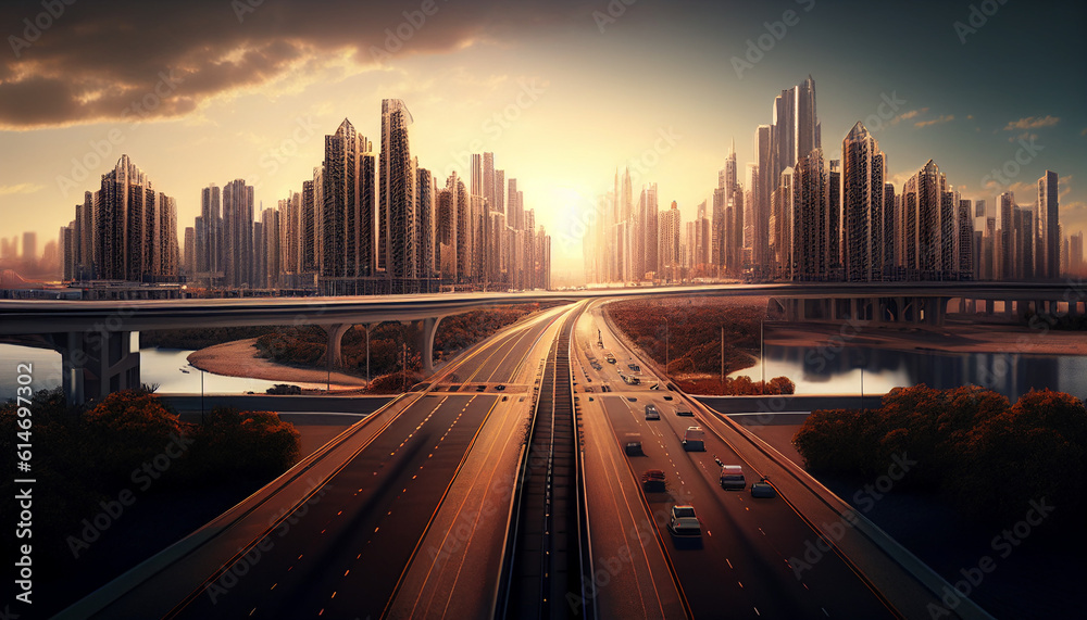 Sunset over the city, a view of the city showing a road and a town, Generative AI
