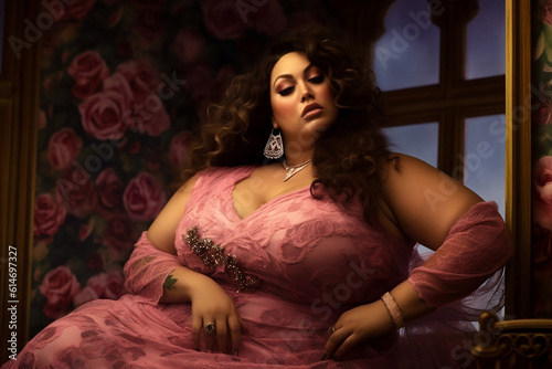 portrait of a oversize woman with fancy make up in pink lace dress, jewelry sitting with flowers backdrop