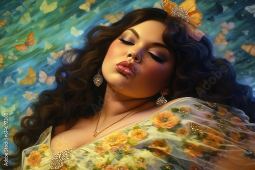 Portrait of overweight woman in flora yellow dress closing eyes with dreamy expression