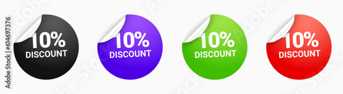 Discount sale badge coupon round shape icon. Discount 10 percent sticker banner adhesive label price promotion.
