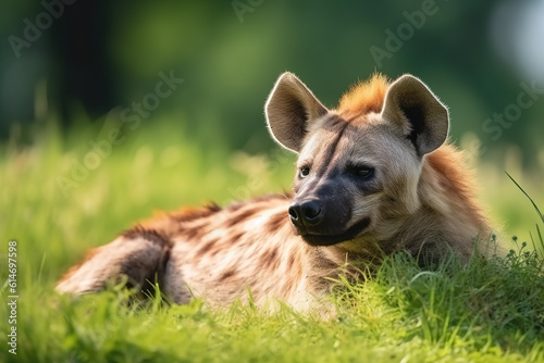 Image of hyena resting on green pasture grass on summer. Wildlife Animals. Illustration. Generative AI.