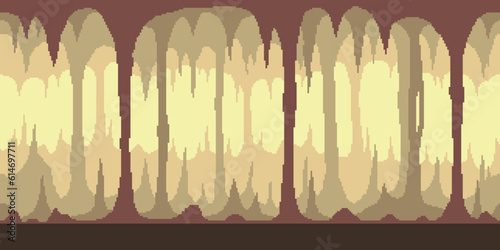 Colorful simple vector pixel art horizontal illustration of cave of stalagmites and stalactites in the style of retro platformer video game level