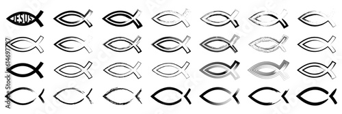 Religion fish icon collection. Set of black religion fish icons