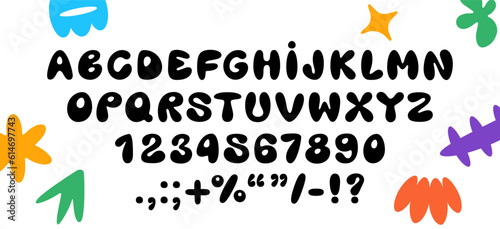 Y2K bubble style vector font. Plump  rounded English alphabet and numbers in graffiti style from the 2000s