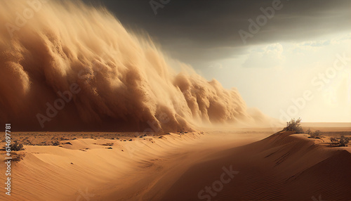 Sand dunes in the desert, Brown sandy cloud from a desert sandstorm, Generative AI