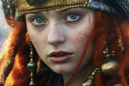 Close up portrait of a red hair sea wench, female private captain 