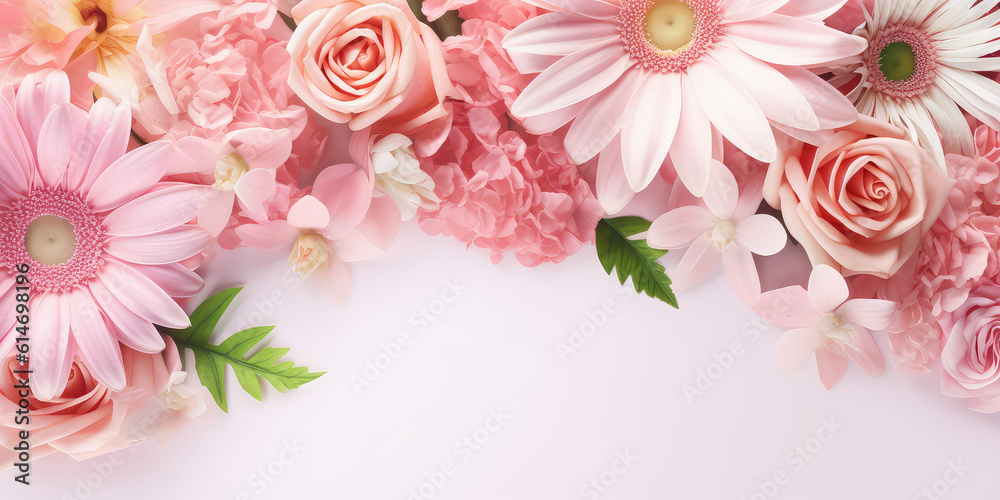 Banner template with flowers on the edges on white background. Picture frame with pink flowers for spring greeting card or invitation. Generative AI photo imitation.