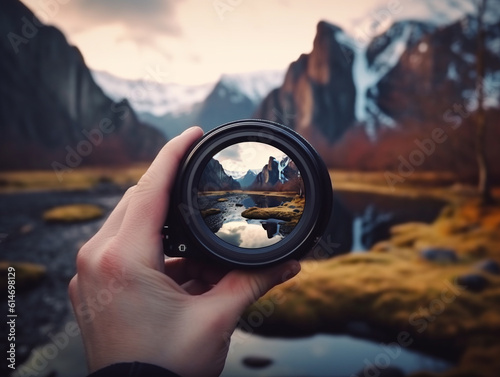 Foto The hand holds the lens and through it you can see a beautiful landscape of mountains and a small river