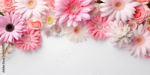 Banner template with flowers on the edges on white background with text space. Picture frame with flowers for spring greeting card or invitation. Generative AI photo imitation. © SnowElf