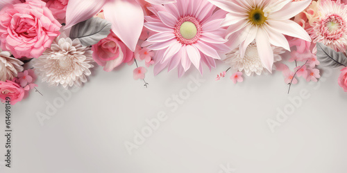 Banner template with flowers on the edges on white background. Picture frame with flowers for spring greeting card, web banner or invitation. Generative AI photo imitation.