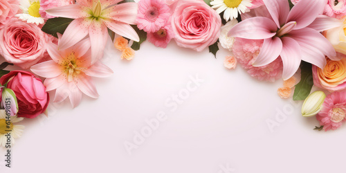 Banner template with flowers on the edges on white background. Picture frame with beautiful flowers for spring greeting card or invitation. Generative AI photo imitation. © SnowElf