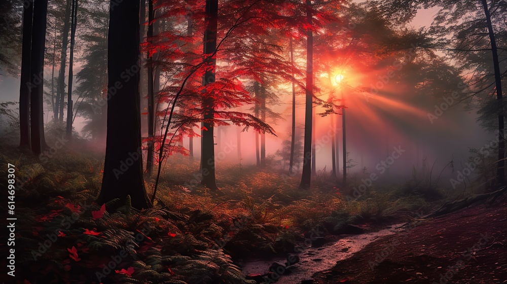 A misty forest during Sunrise 