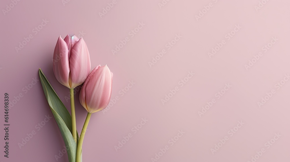 A clean and sophisticated image showcasing a single elegant tulip against a solid-colored background, with a wide negative space perfect for text or branding elements. Generative AI. 