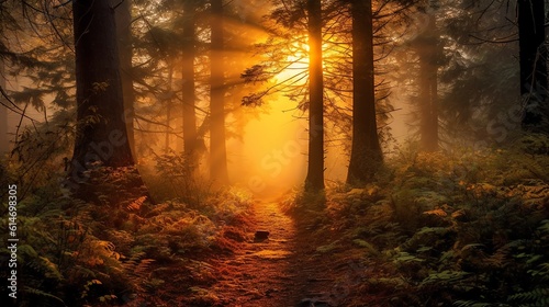 A misty forest during Sunrise "Generative AI" © Duha