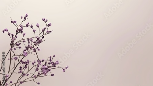  A minimalist arrangement of slender branches with tiny purple blossoms, extending vertically on a neutral-toned surface, leaving room for text or branding elements. Generative AI. 