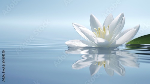 A clean and elegant image showcasing a single white lily floating on a serene pool of water, surrounded by a wide negative space for text or logo integration. Generative AI. 